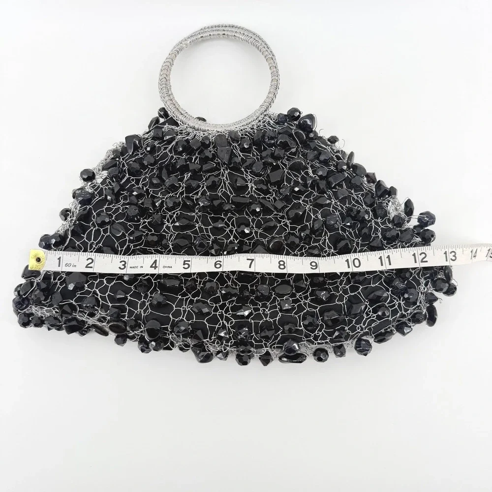 La Chica Chic Black Beaded Wire Evening‎ Bag Silver Ring Handle Made in Brazil